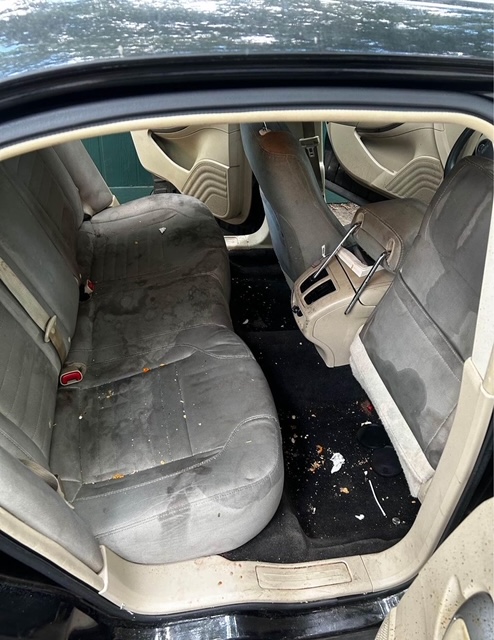 Sedan rear seats before detailing — stained cloth